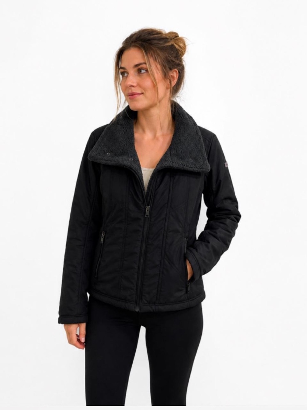 Avalanche Women’s Black Quilted Jacket – Size Large – Faux Sherpa/Fur Lined